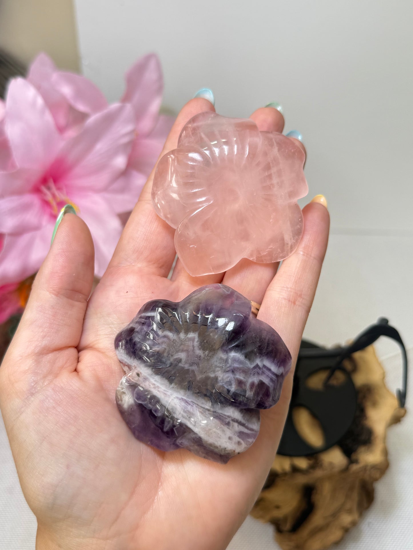 Dream Amethyst & Rose Quartz Flowers on Stand