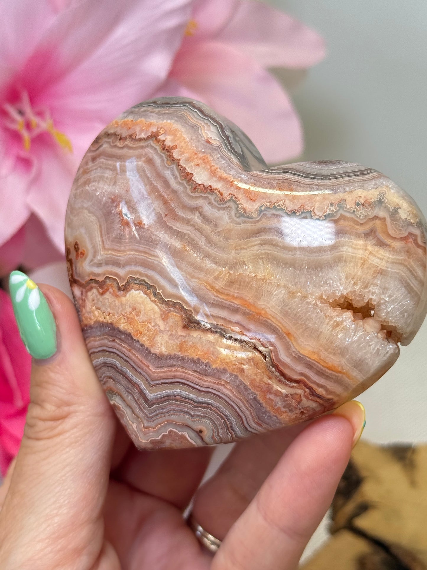 Pink Crazy Lace Agate Heart on Stand (Indonesia)