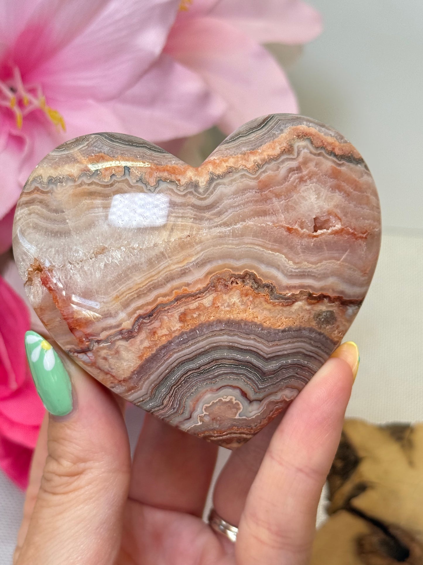 Pink Crazy Lace Agate Heart on Stand (Indonesia)