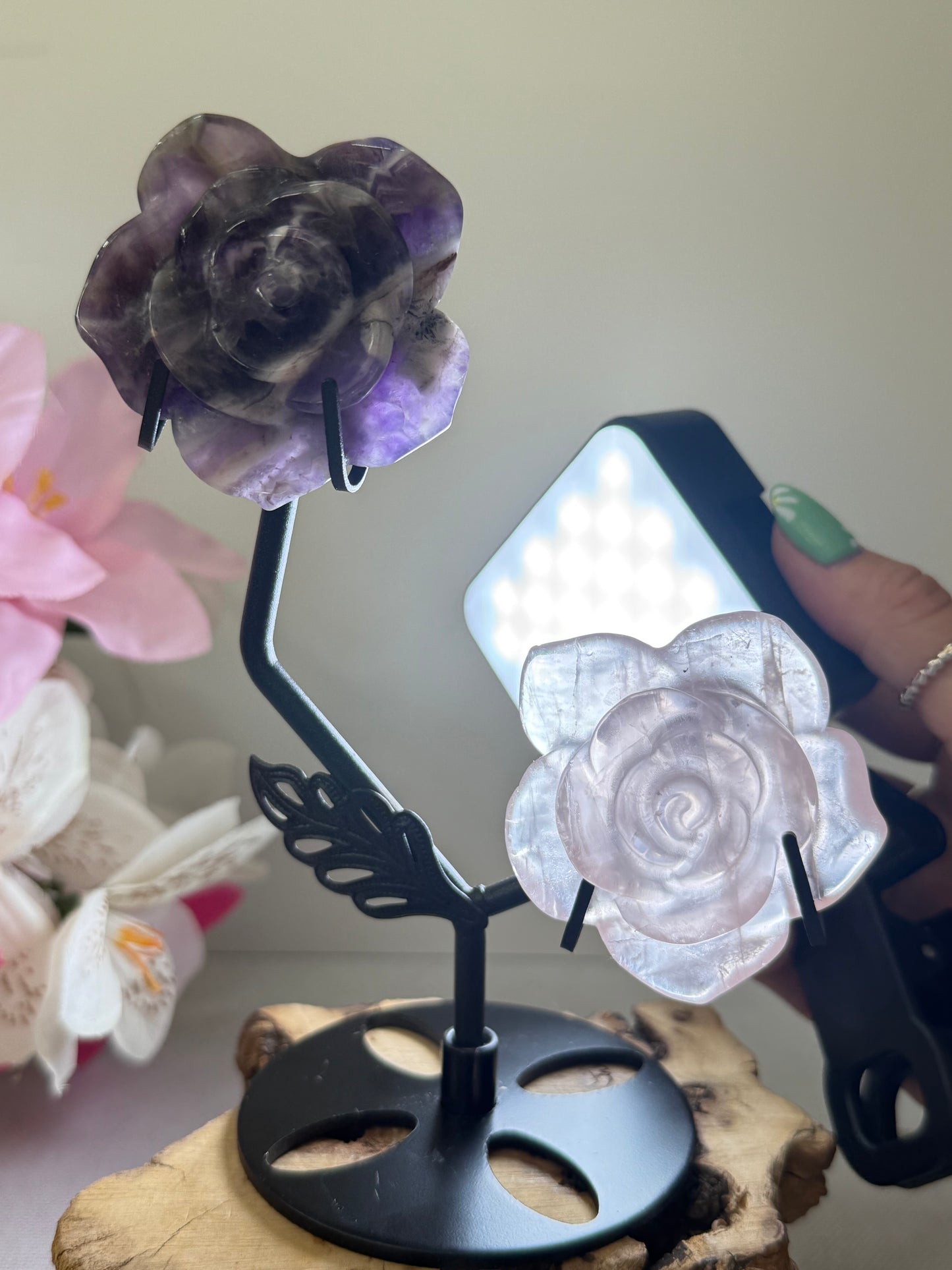 Dream Amethyst & Rose Quartz Flowers on Stand