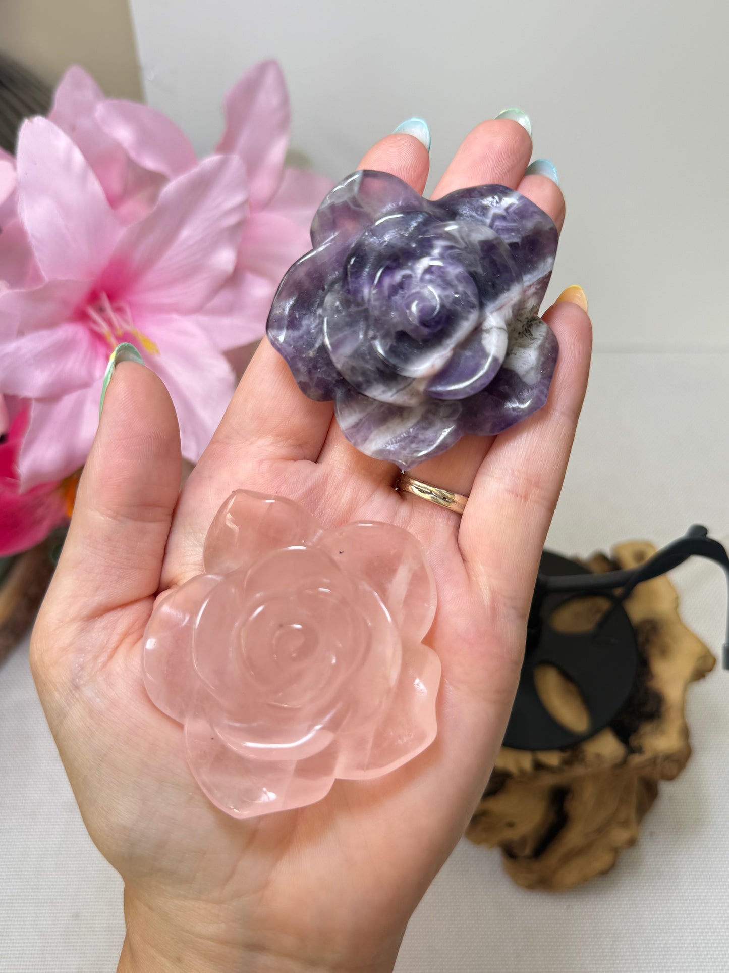 Dream Amethyst & Rose Quartz Flowers on Stand