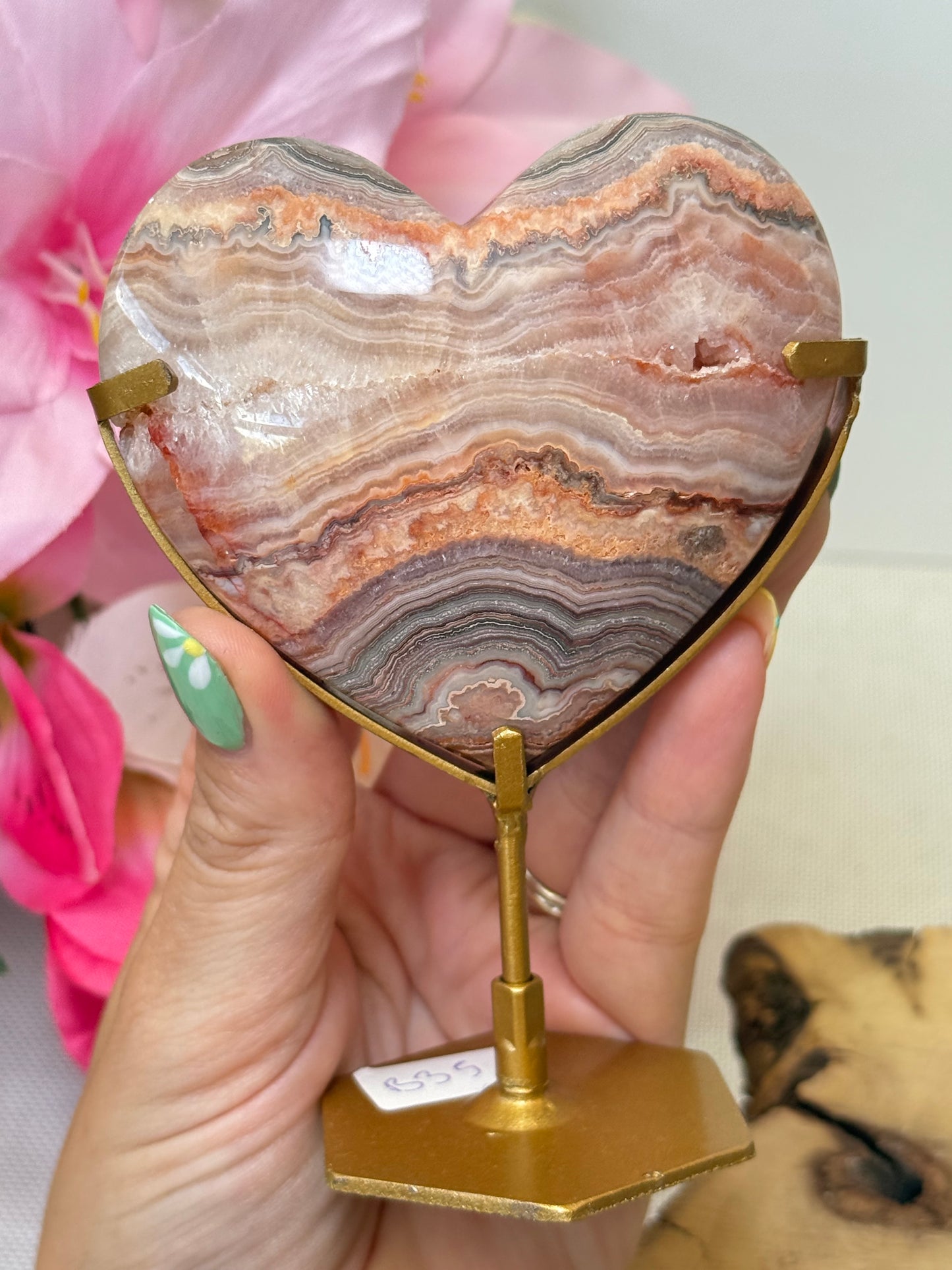 Pink Crazy Lace Agate Heart on Stand (Indonesia)