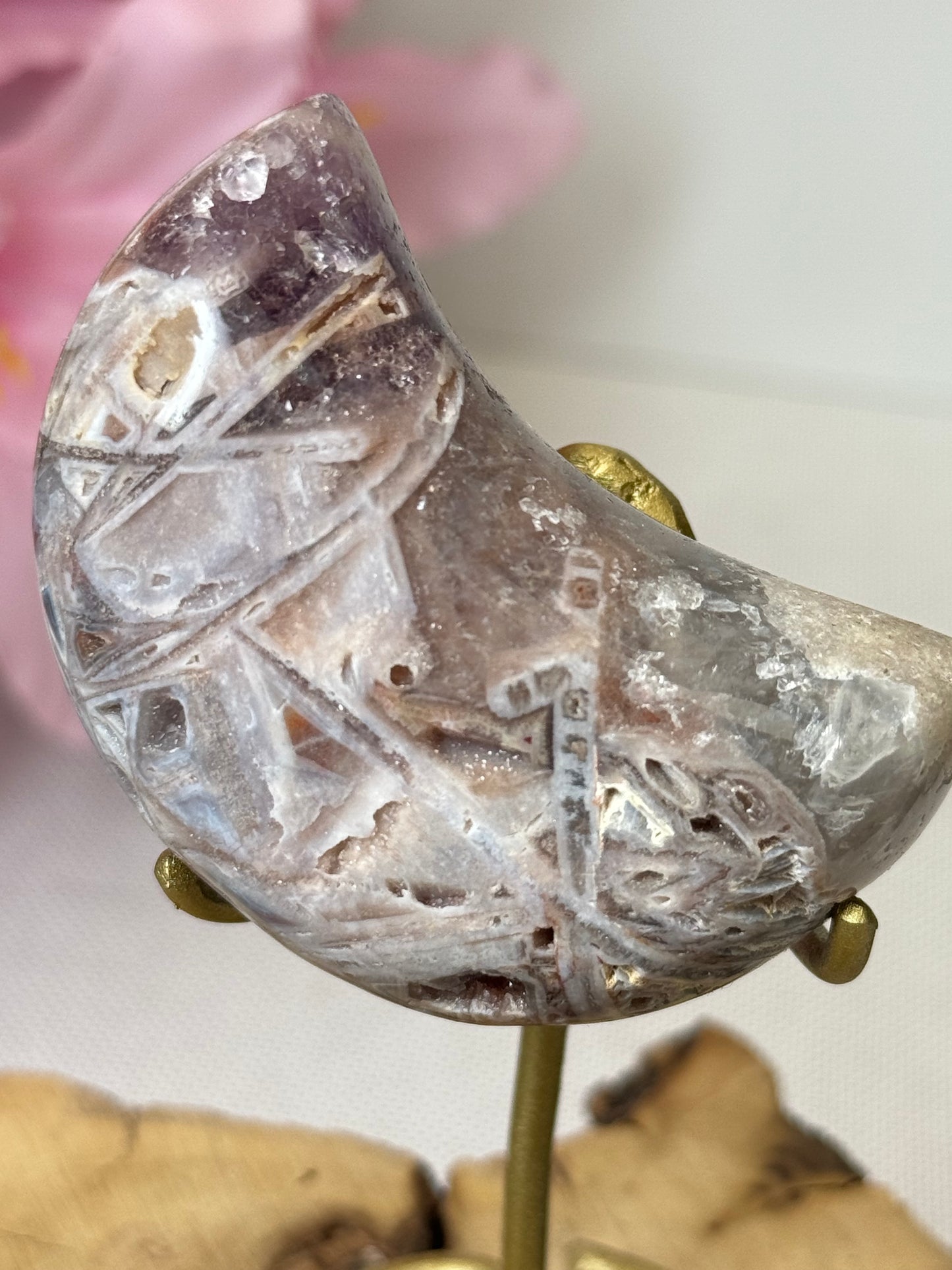 Chunky Mini Pink Amethyst Moon On Stand
