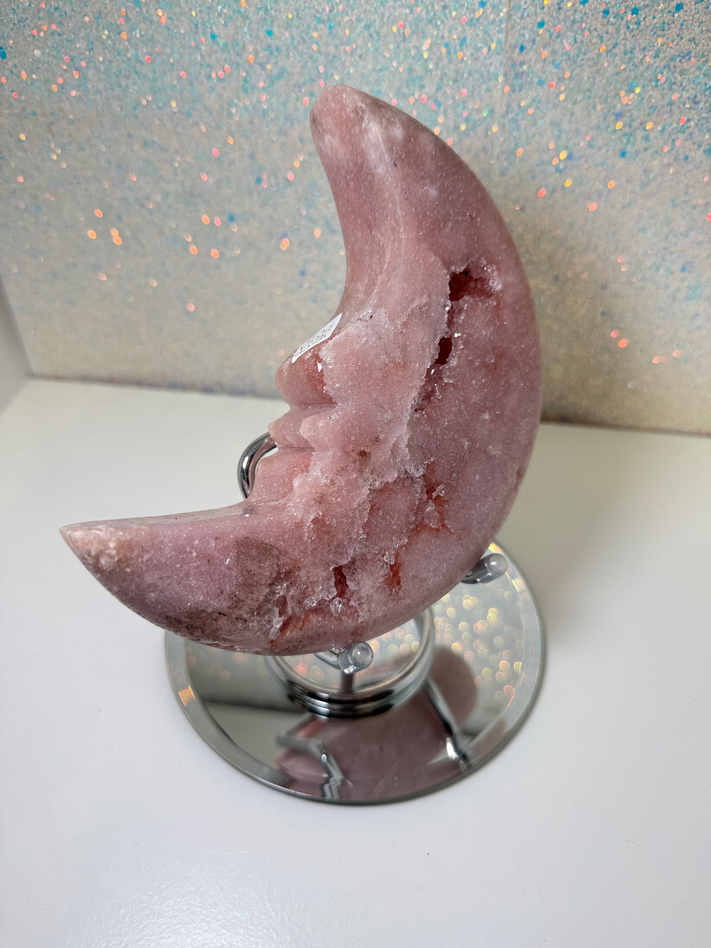 Large Pink Amethyst Moon On Stand