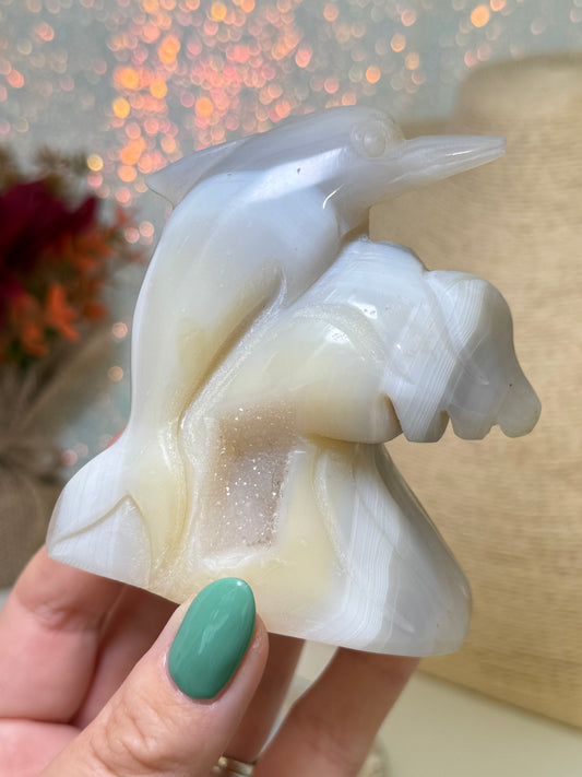 Agate Dolphin Carving On Wave