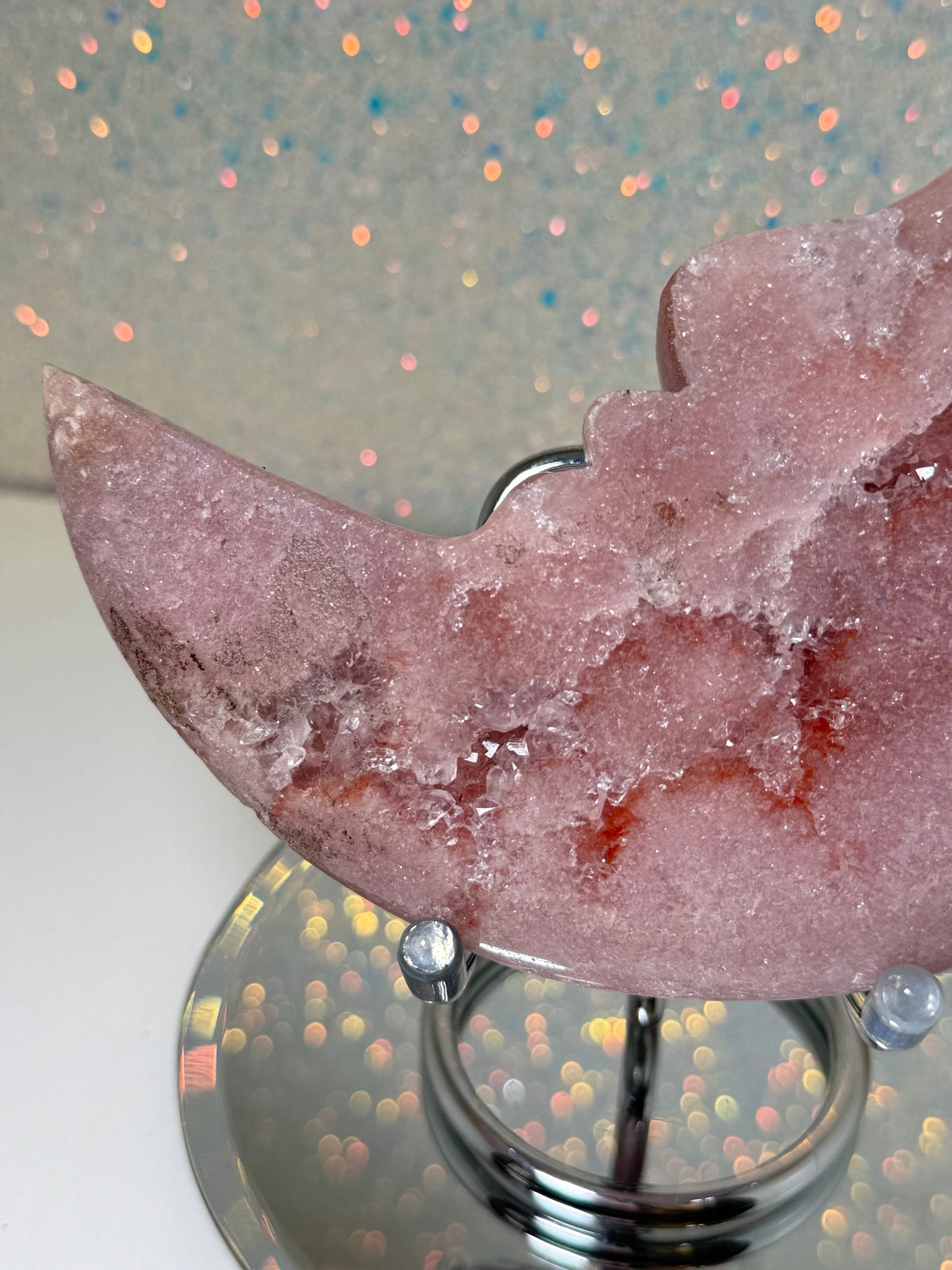 Large Pink Amethyst Moon On Stand