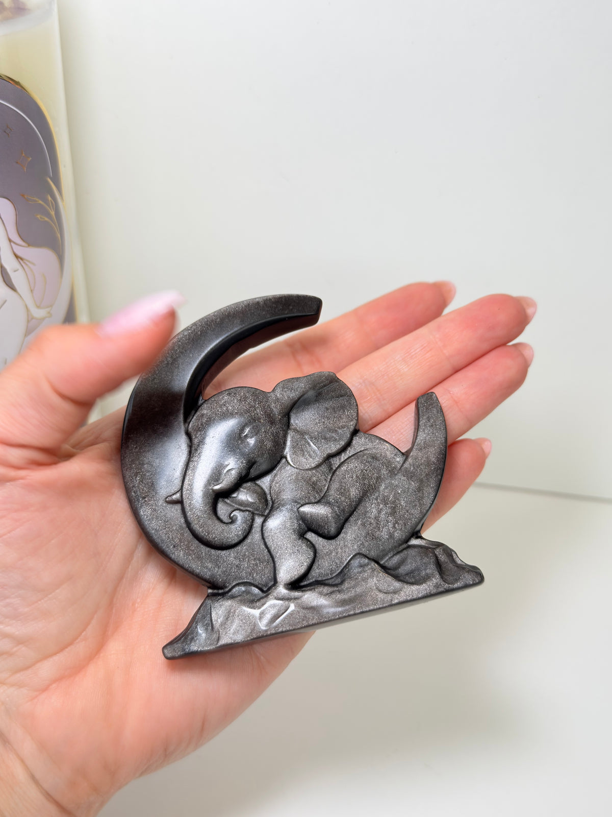 Silver Sheen Obsidian Baby Elephant On Moon