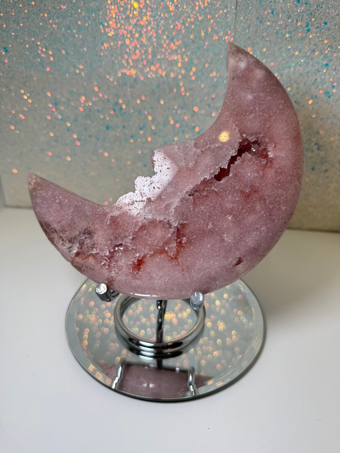 Large Pink Amethyst Moon On Stand