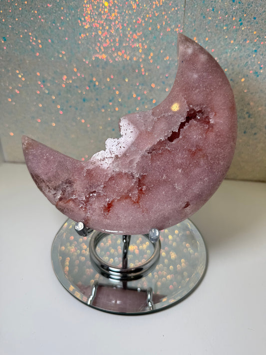 Large Pink Amethyst Moon On Stand