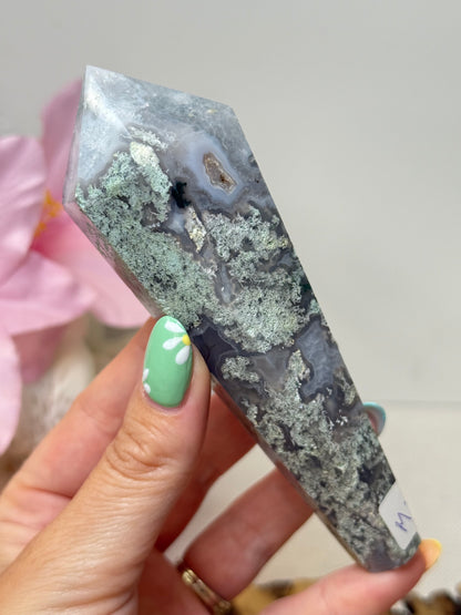 Moss Agate Wand With Stand