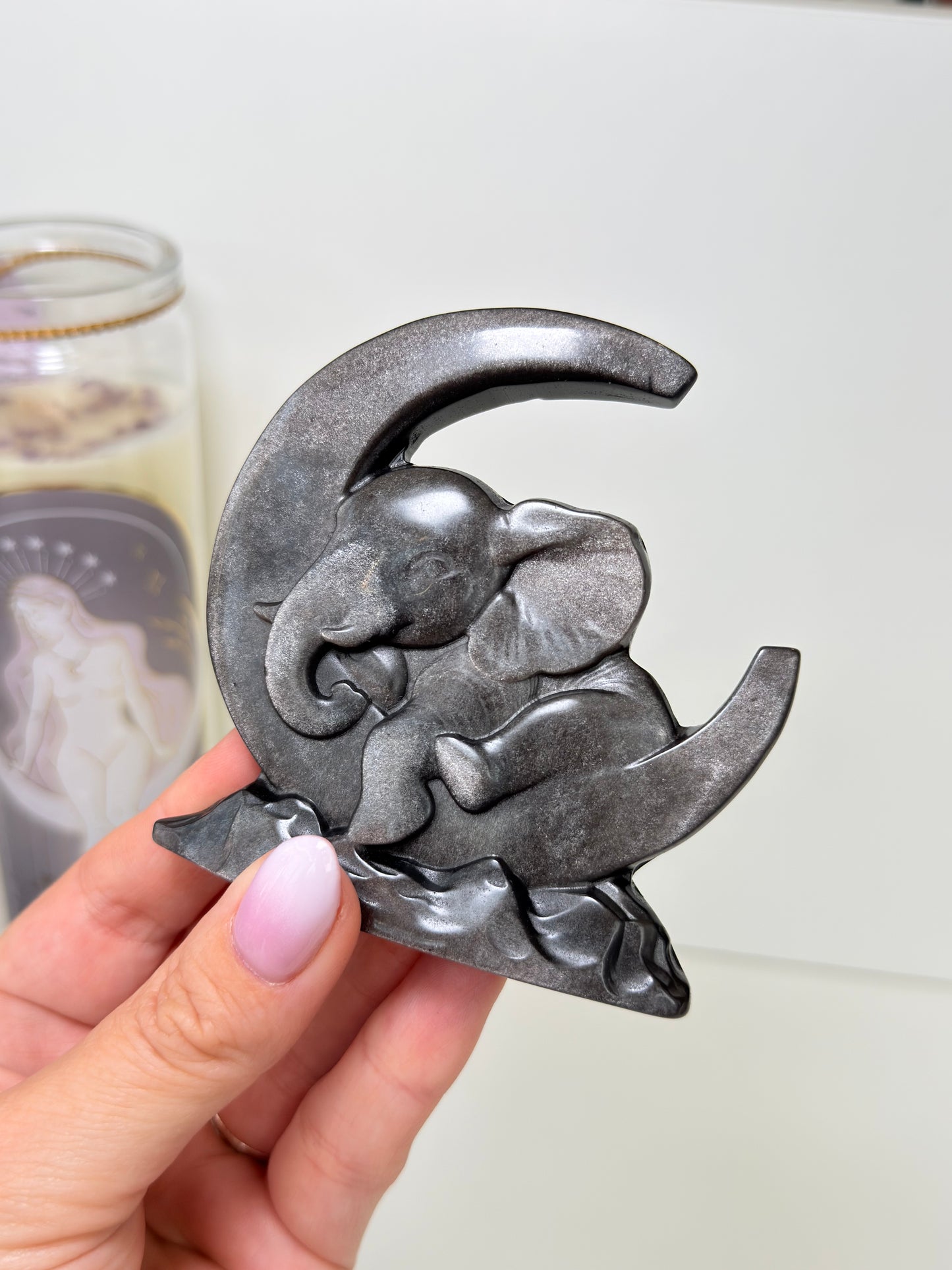 Silver Sheen Obsidian Baby Elephant On Moon