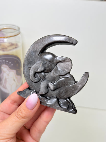Silver Sheen Obsidian Baby Elephant On Moon