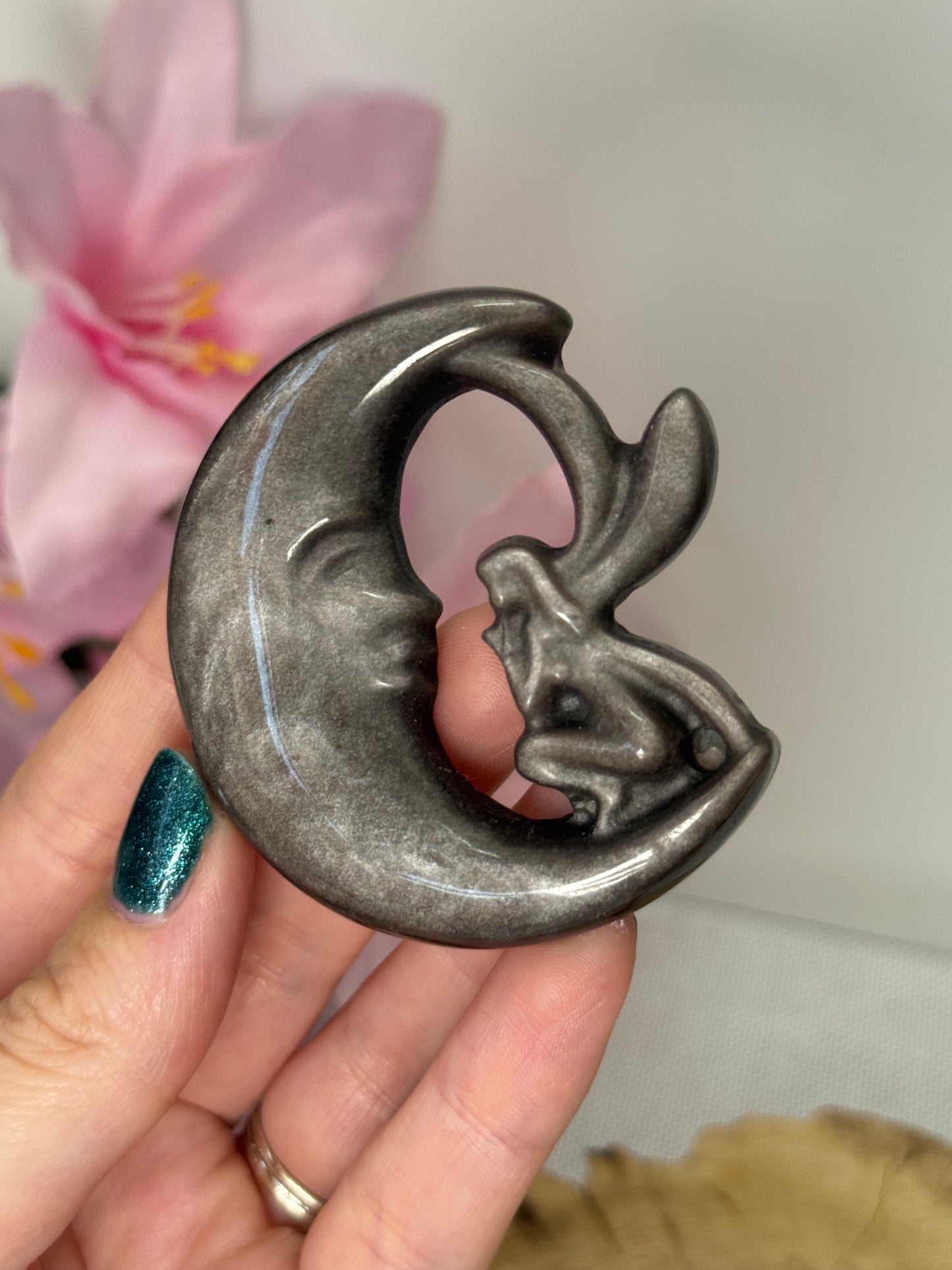 Silver Sheen Obsidian Fairy Moon Carving