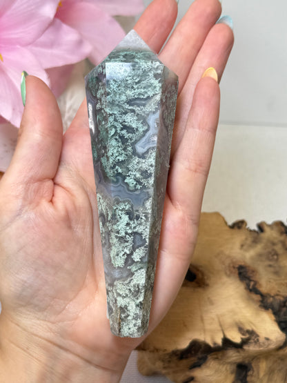 Moss Agate Wand With Stand