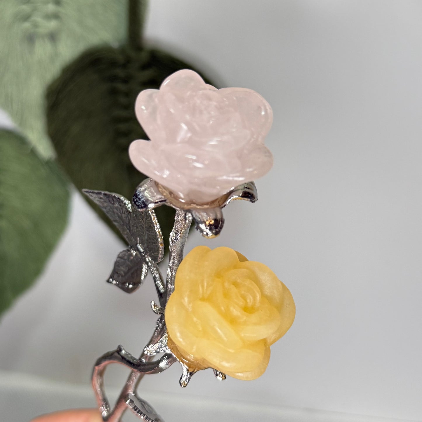 Double Stem Flower Rose Quartz/Yellow Calcite