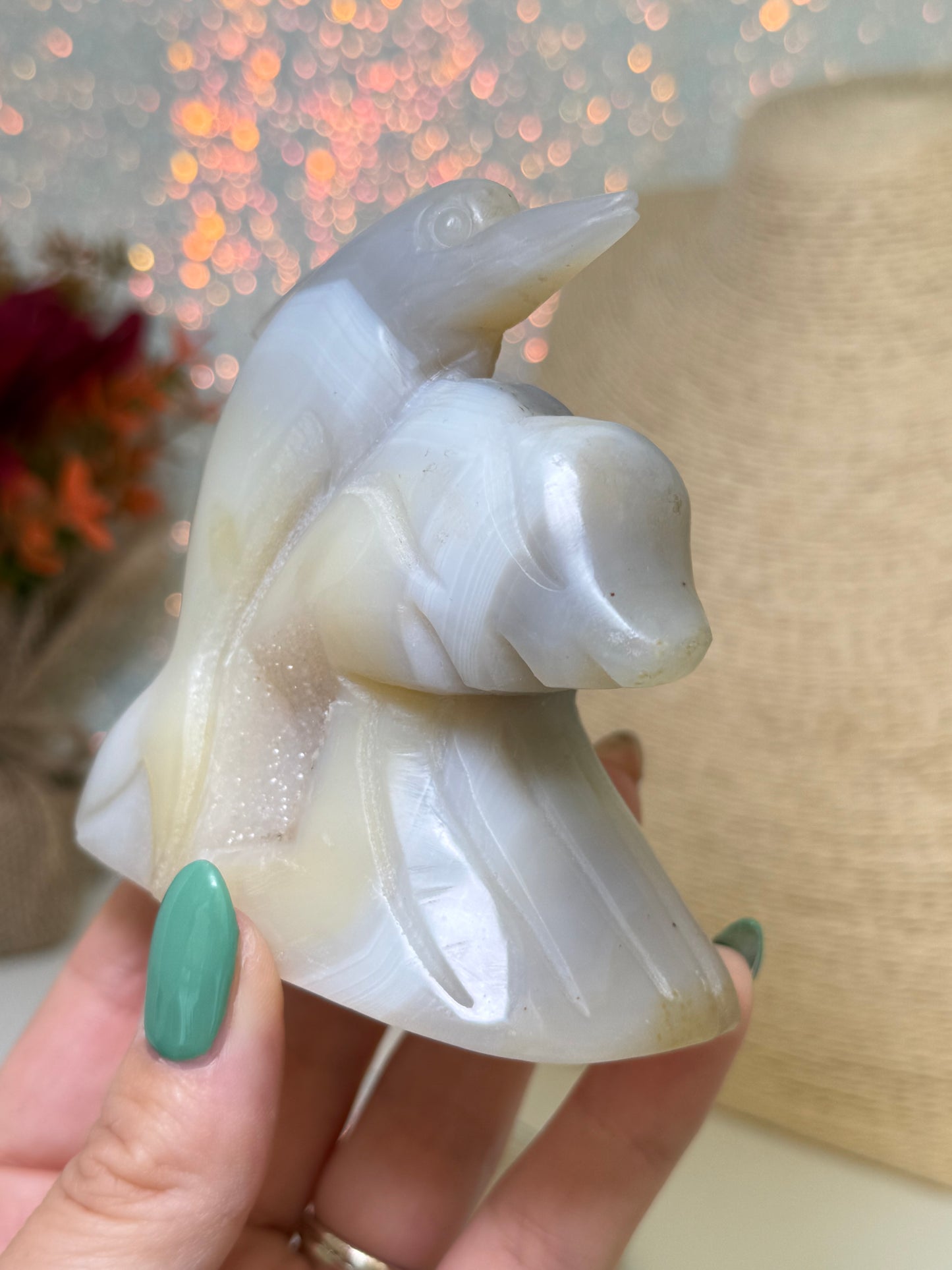 Agate Dolphin Carving On Wave