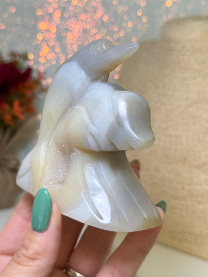 Agate Dolphin Carving On Wave