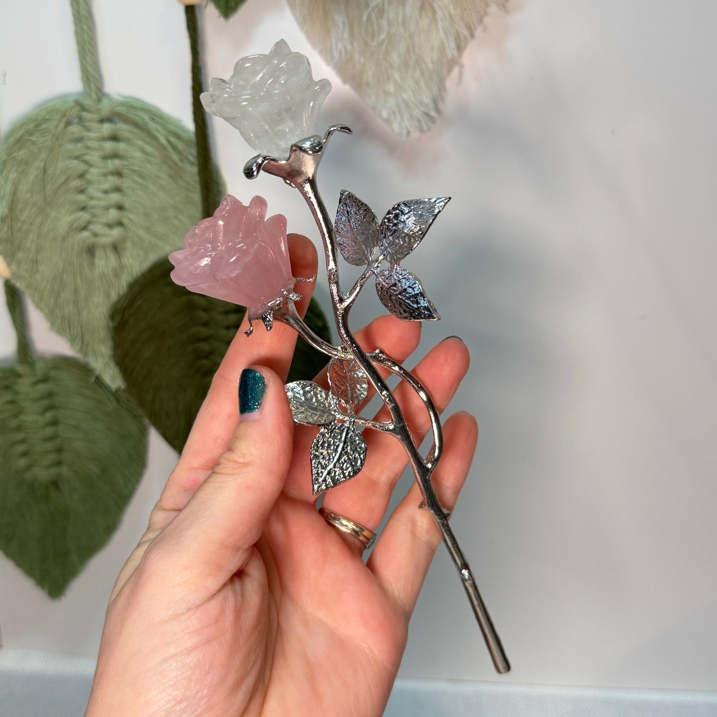 Double Stem Flower Rose Quartz/Clear Quartz