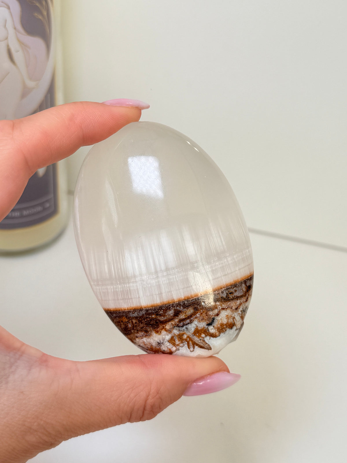 Silky White Calcite Palm Stone