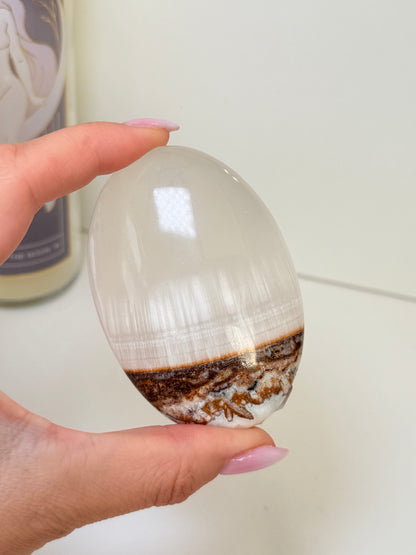 Silky White Calcite Palm Stone