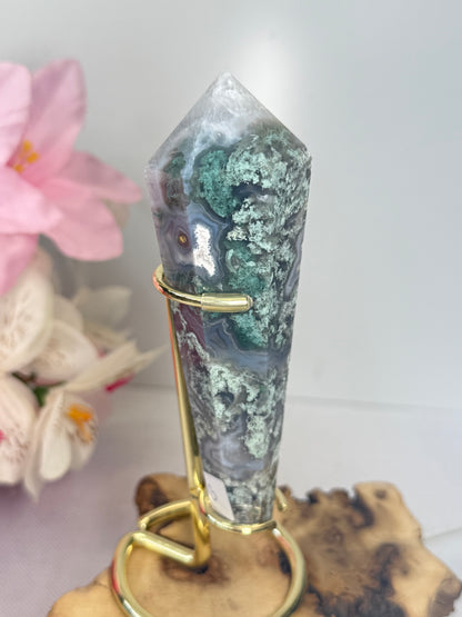 Moss Agate Wand With Stand