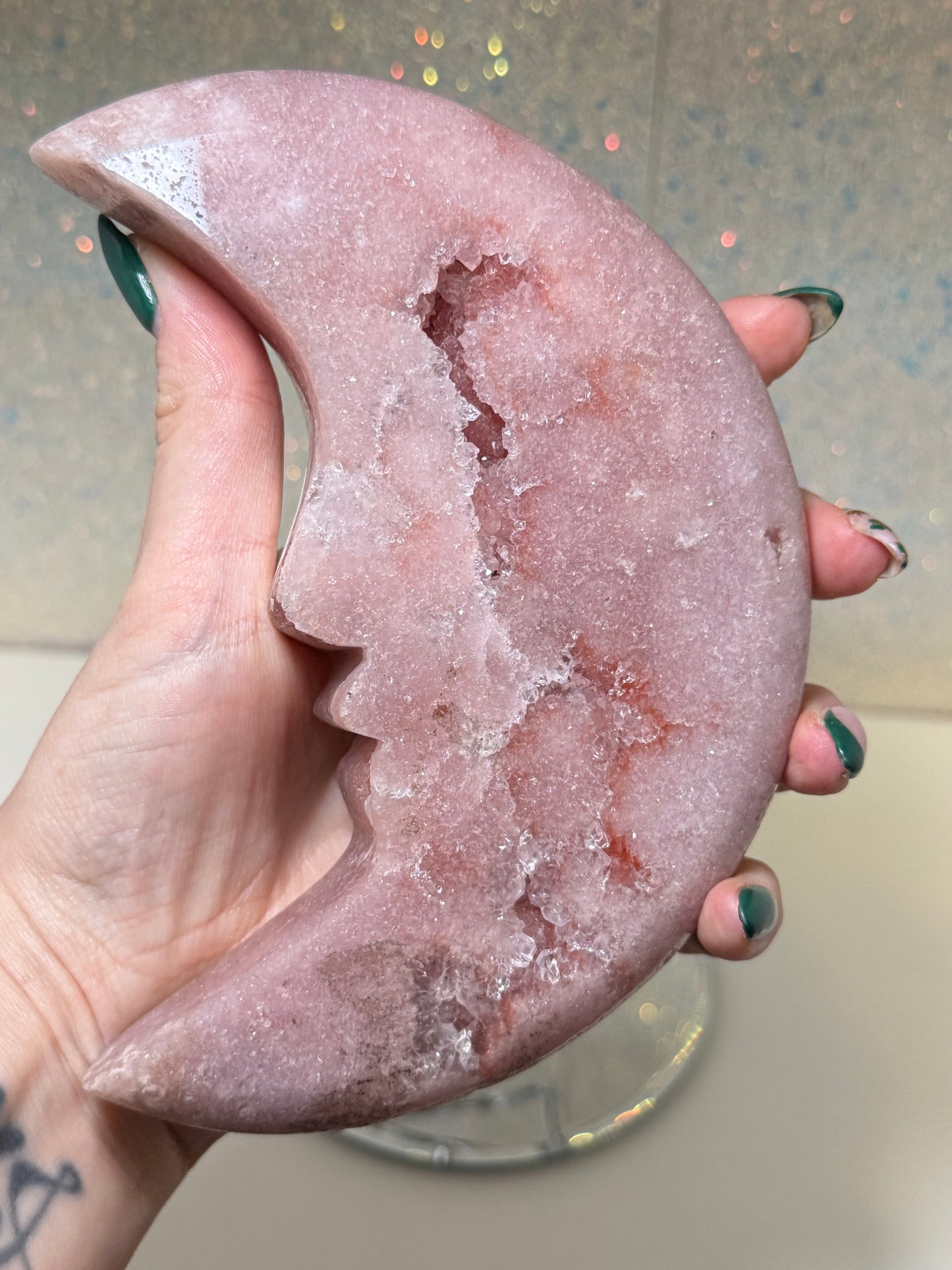 Large Pink Amethyst Moon On Stand