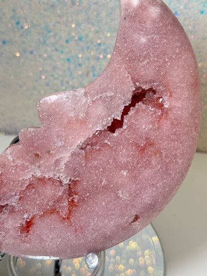 Large Pink Amethyst Moon On Stand