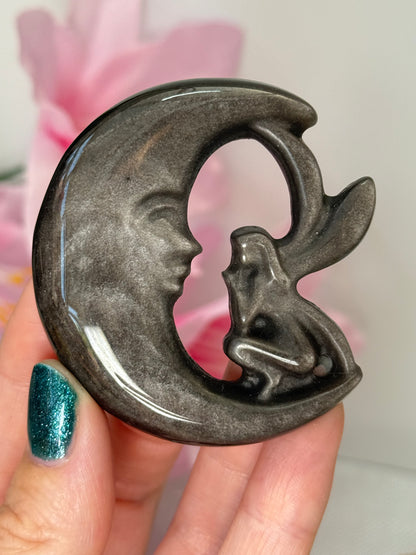 Silver Sheen Obsidian Fairy Moon Carving