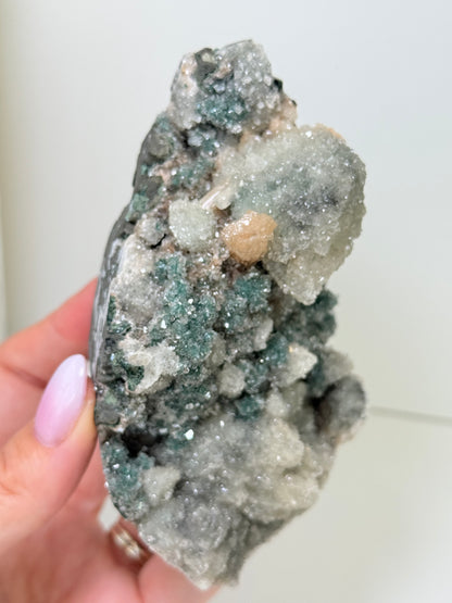 Large Calcite Coated Green Heulandite With Peach Stillbite