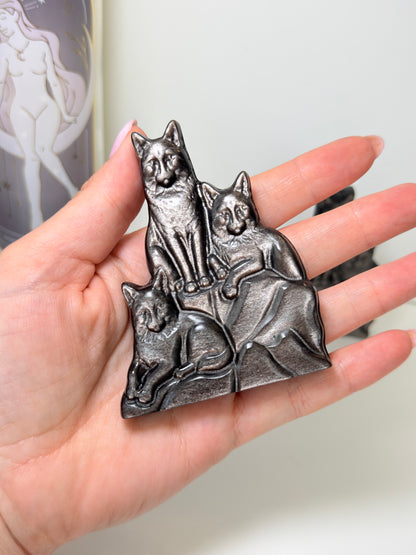 Silver Sheen Obsidian Wolves Carving