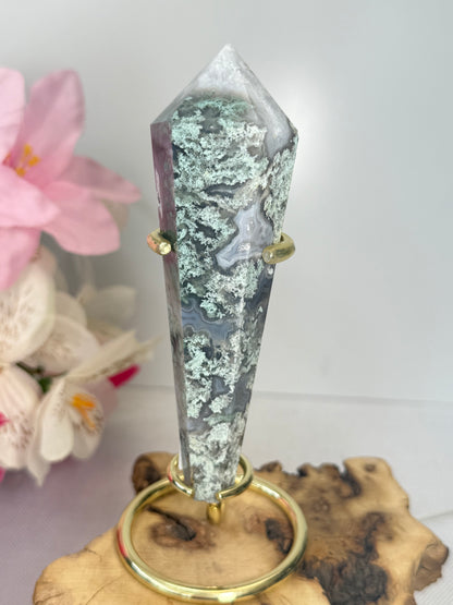 Moss Agate Wand With Stand