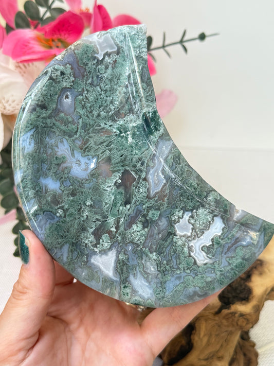 Large Moss Agate Moon Shape Trinket Dish