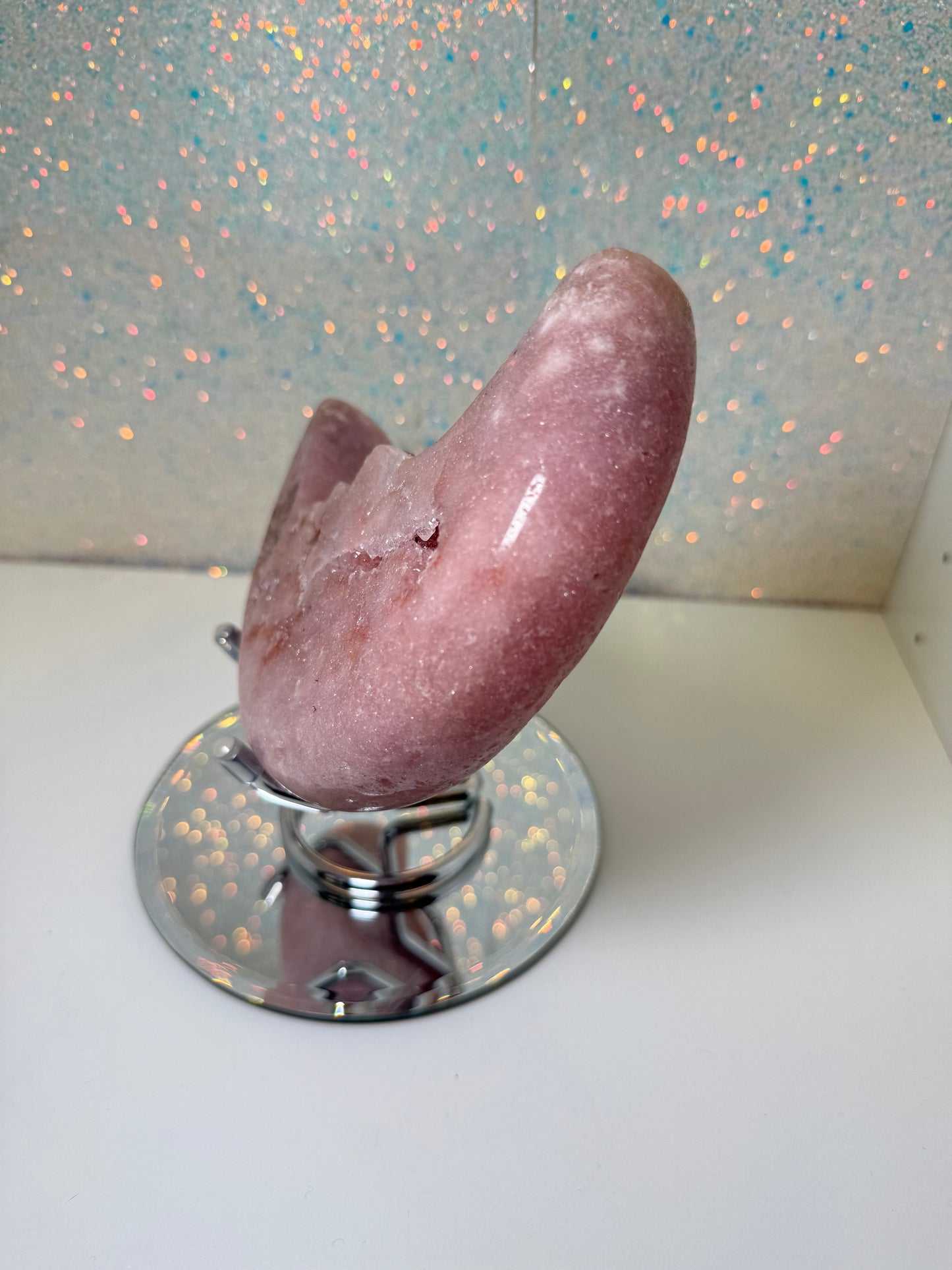 Large Pink Amethyst Moon On Stand