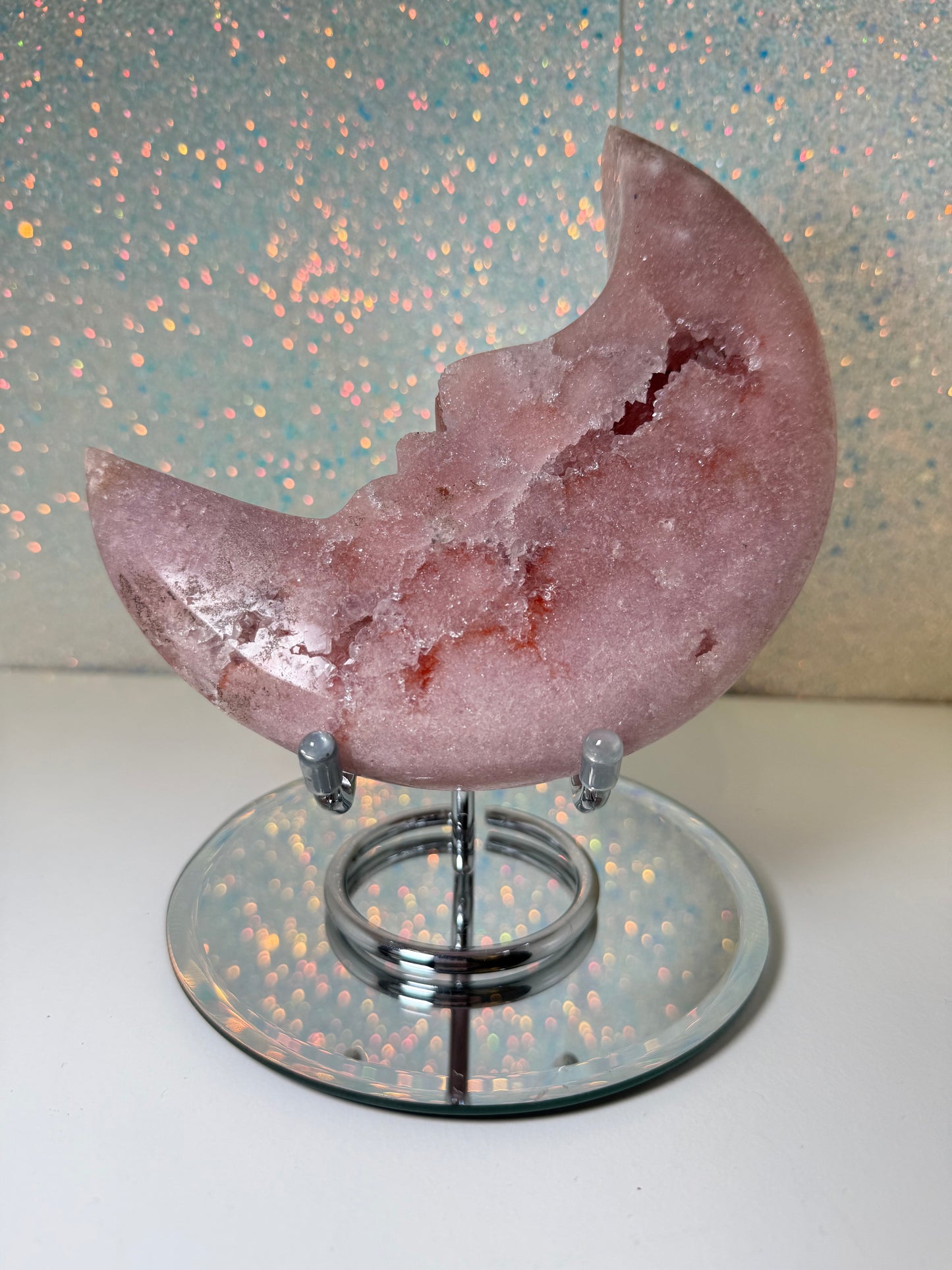 Large Pink Amethyst Moon On Stand