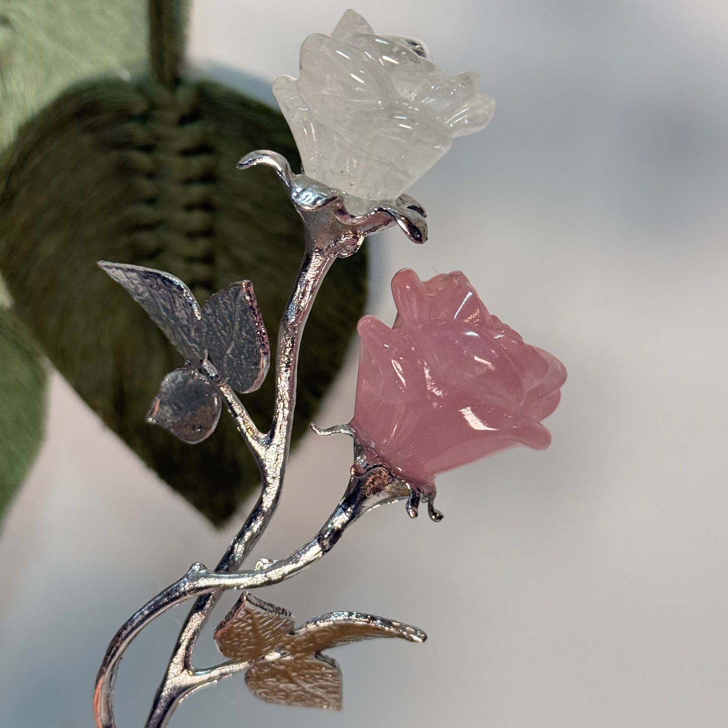 Double Stem Flower Rose Quartz/Clear Quartz