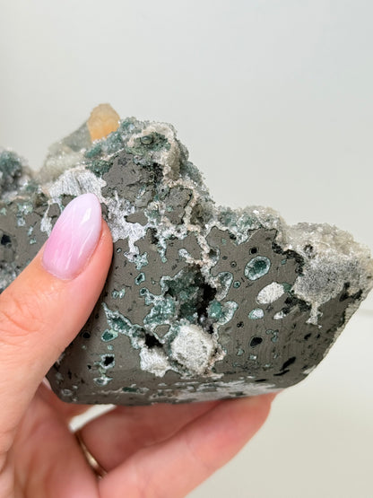 Large Calcite Coated Green Heulandite With Peach Stillbite