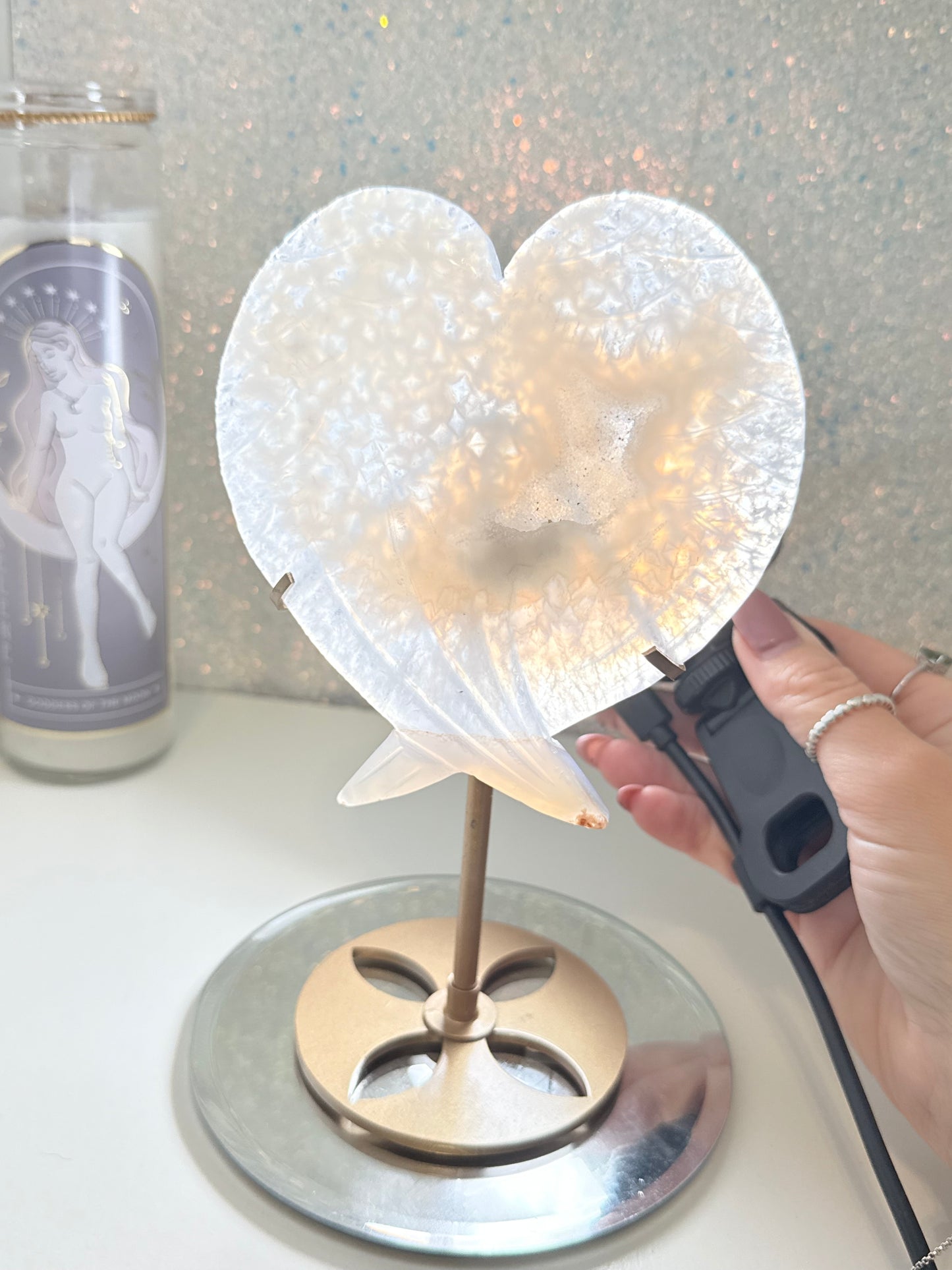 Druzy Agate Heart Wings On Stand