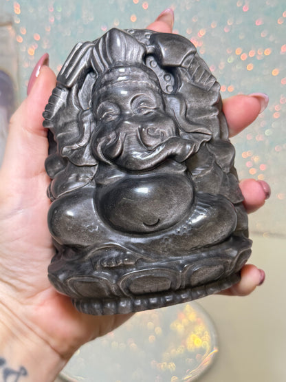 Large Silver Sheen Obsidian Ganesha
