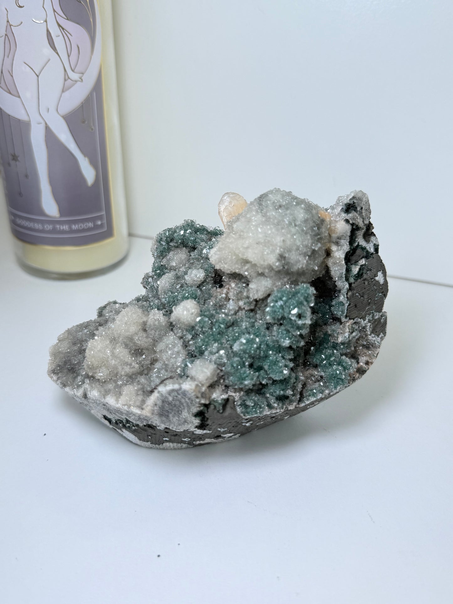 Large Calcite Coated Green Heulandite With Peach Stillbite