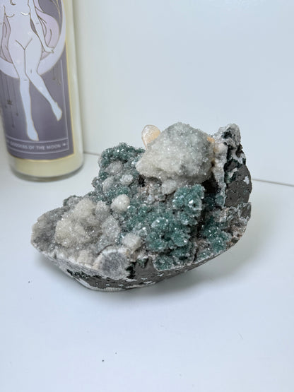 Large Calcite Coated Green Heulandite With Peach Stillbite