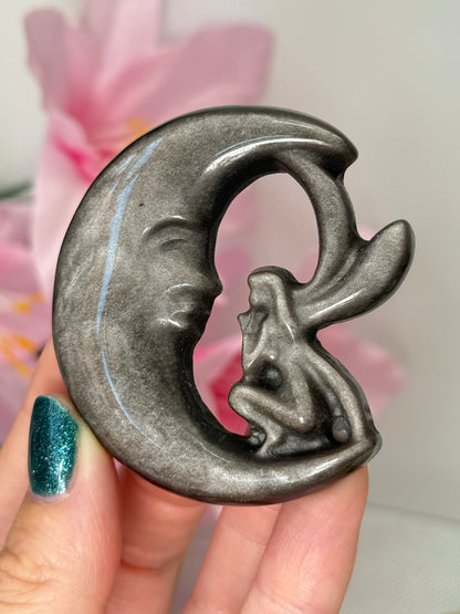 Silver Sheen Obsidian Fairy Moon Carving