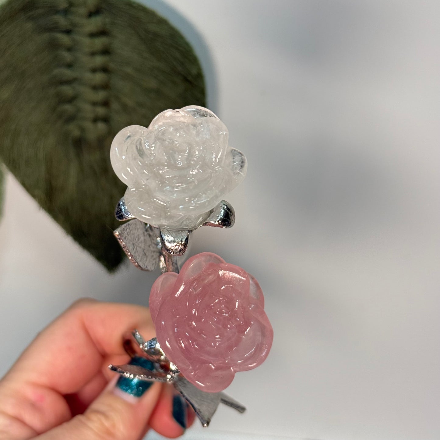 Double Stem Flower Rose Quartz/Clear Quartz