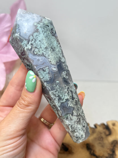 Moss Agate Wand With Stand