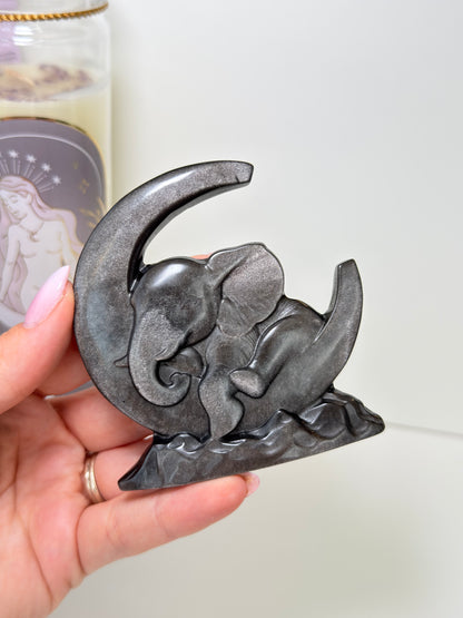 Silver Sheen Obsidian Baby Elephant On Moon