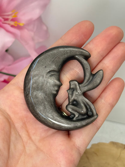 Silver Sheen Obsidian Fairy Moon Carving