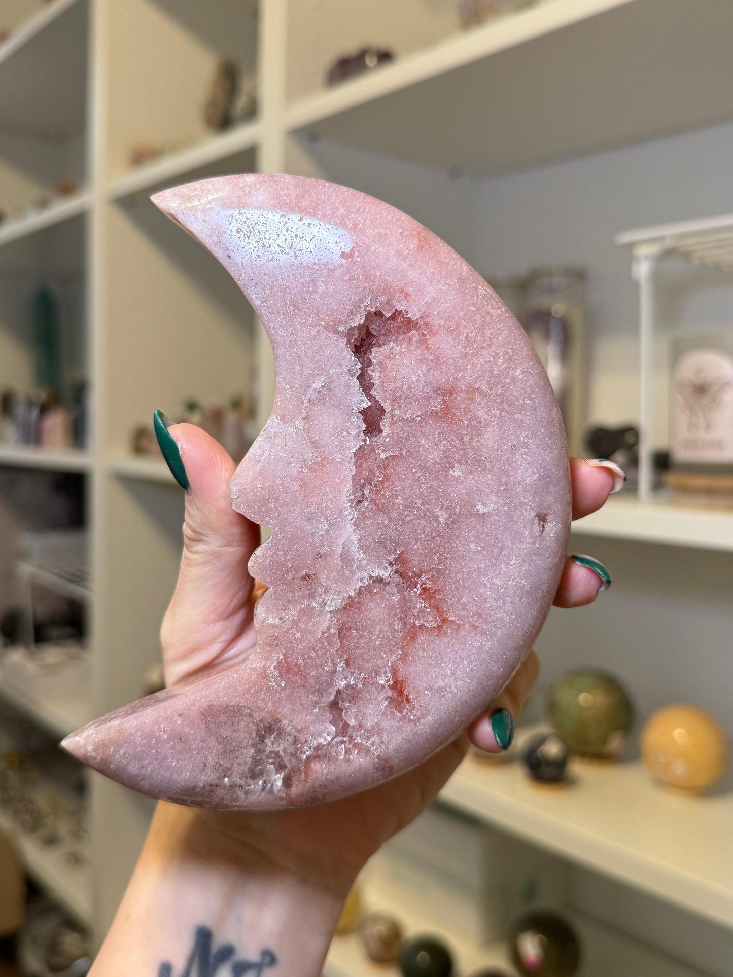 Large Pink Amethyst Moon On Stand