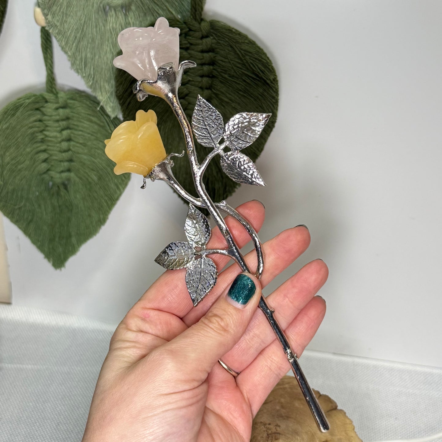 Double Stem Flower Rose Quartz/Yellow Calcite