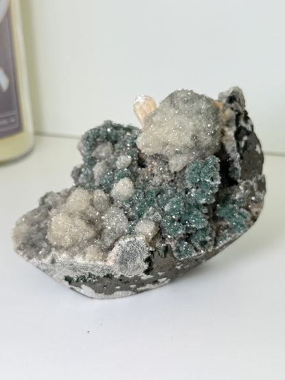 Large Calcite Coated Green Heulandite With Peach Stillbite