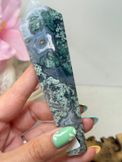 Moss Agate Wand With Stand