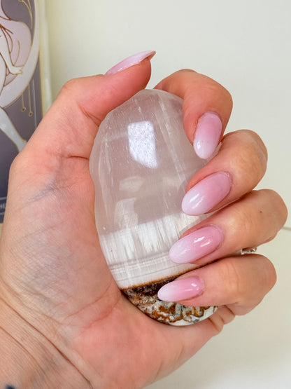 Silky White Calcite Palm Stone (B)